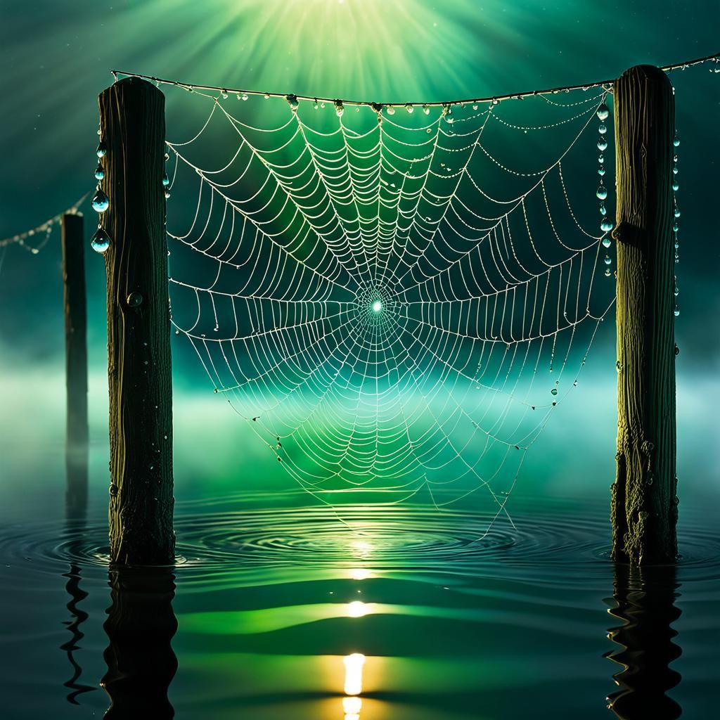 Bioluminescent Spiderweb with Aurora Reflections