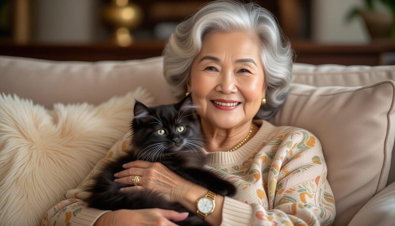 Thai Auntie Cuddling Kitten on Luxurious Couch