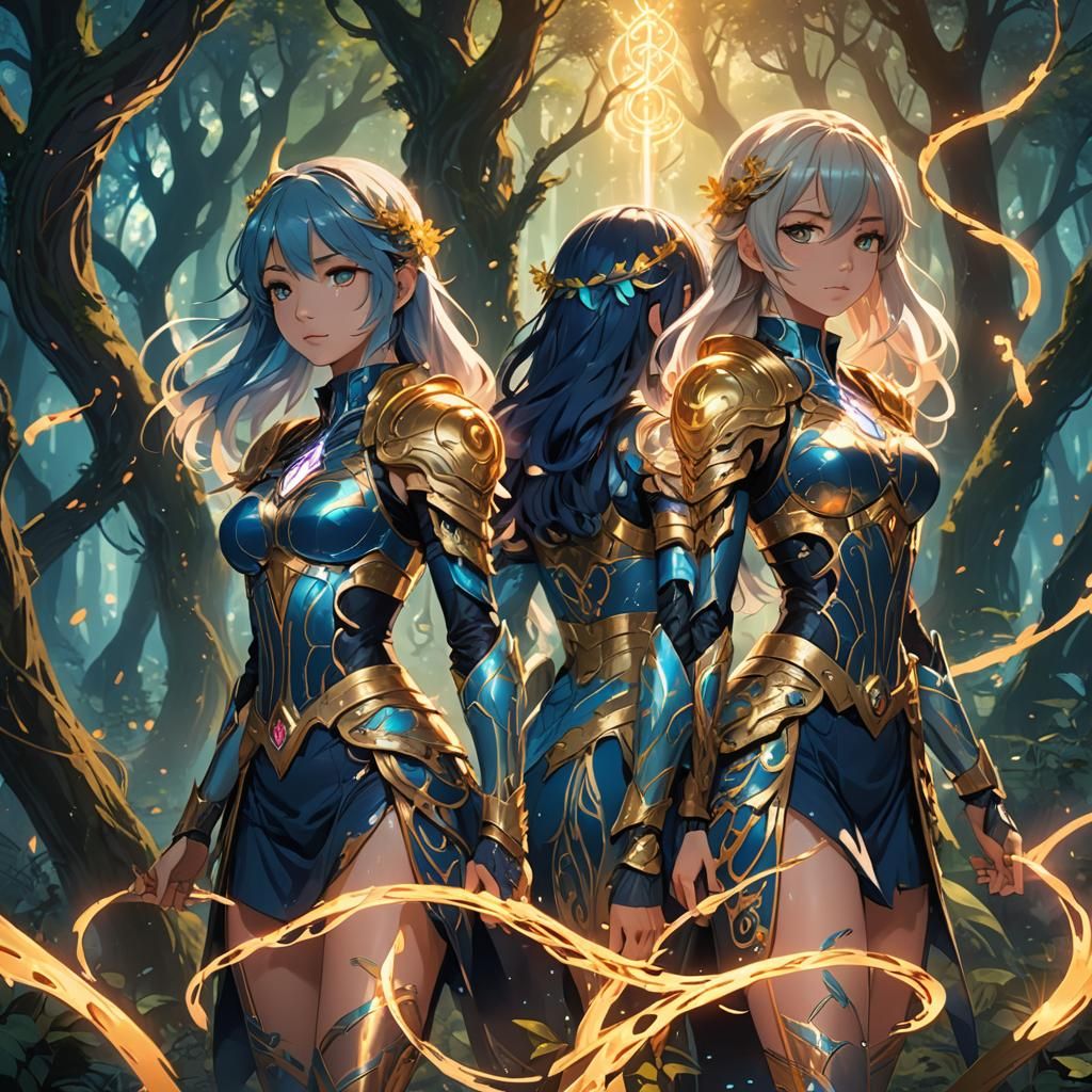 Anime Girls with Glowing Energy in Mystical Forest