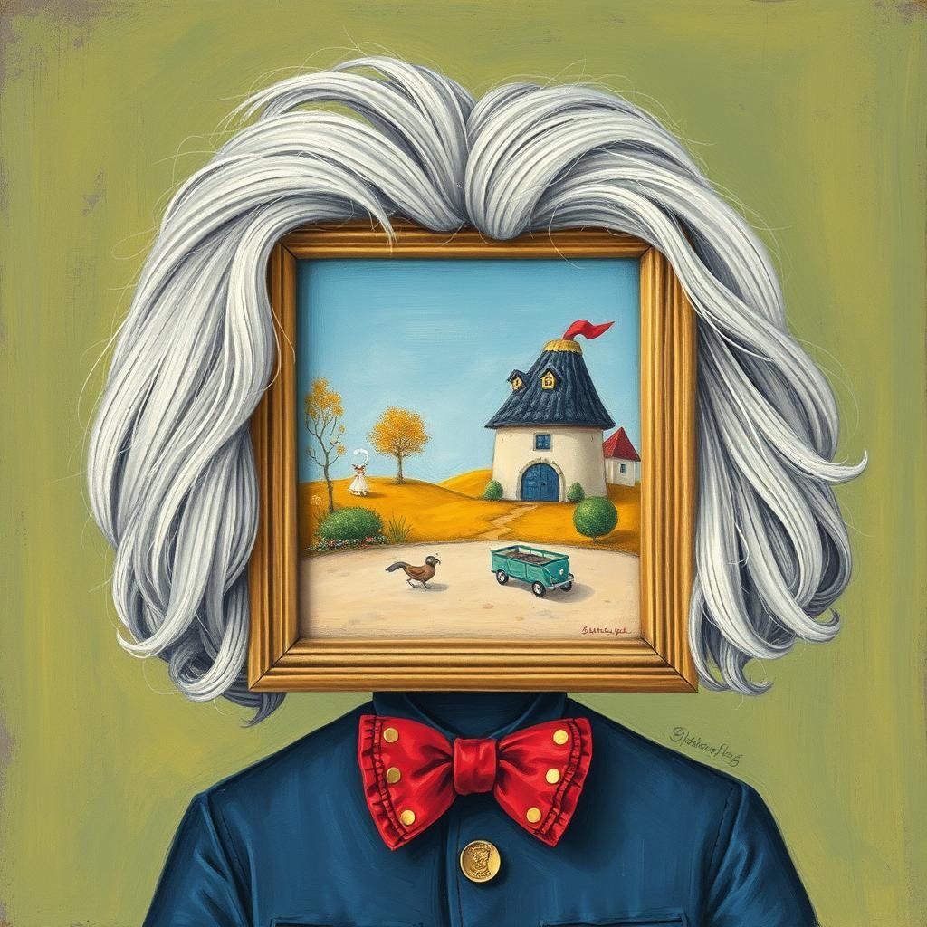Framed Whimsical Painting with Wig in Burton Style