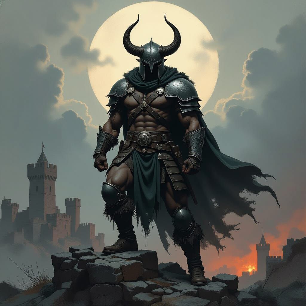 Menacing Warlord in Dark Fantasy Landscape