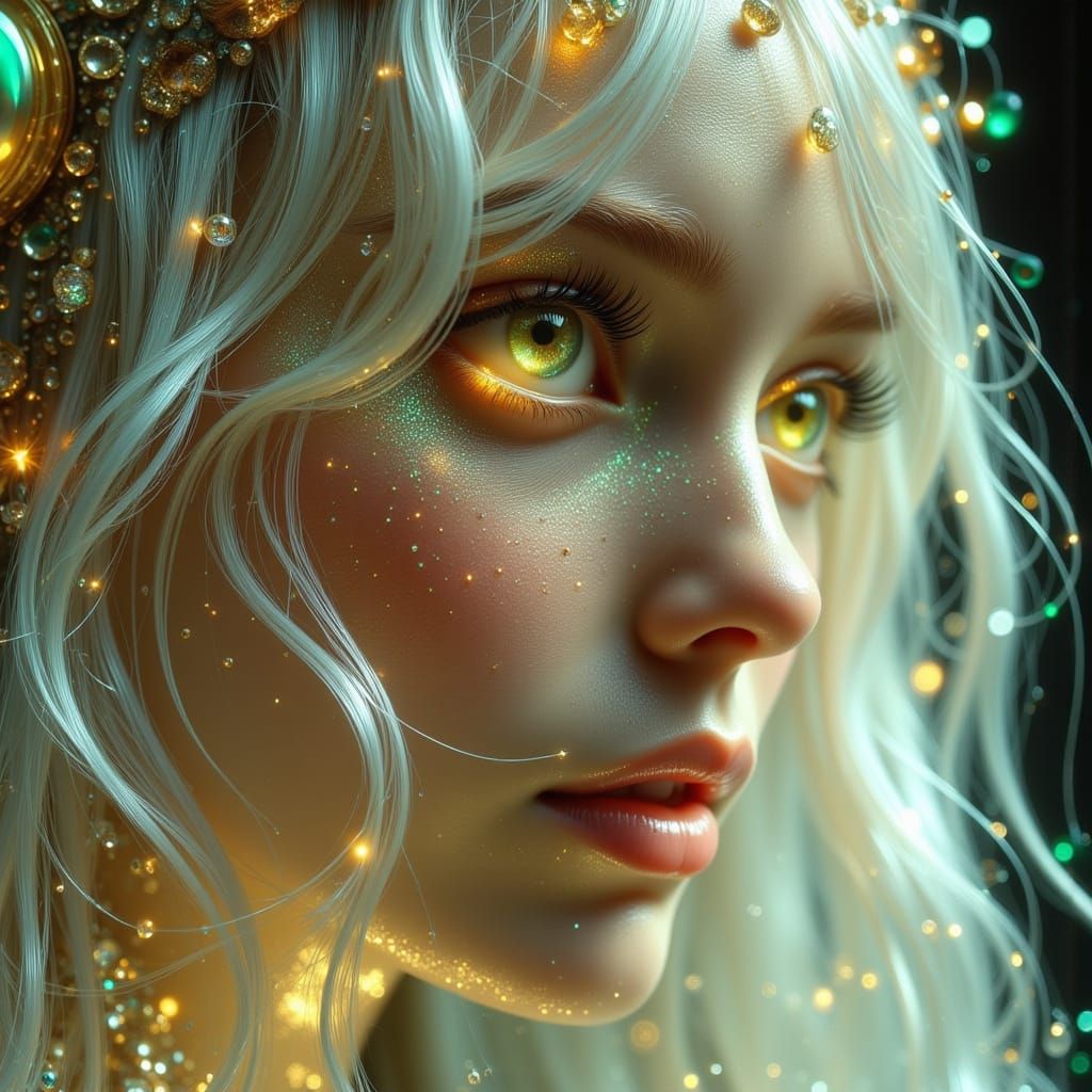 Ethereal AI Woman with Diamonds and Emerald Eyes