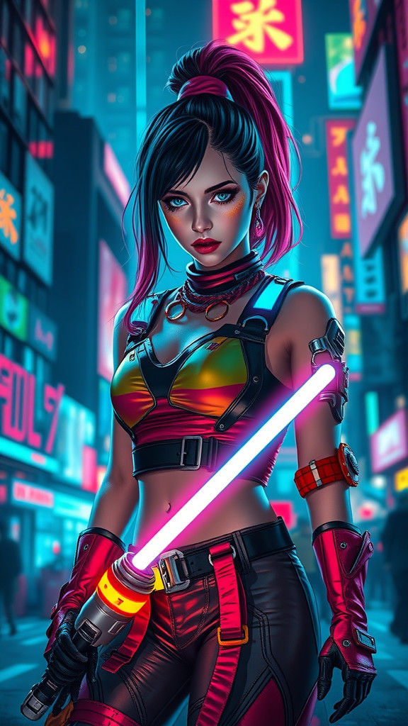 Cyberpunk Girl with Lightsaber in Neon Cityscape