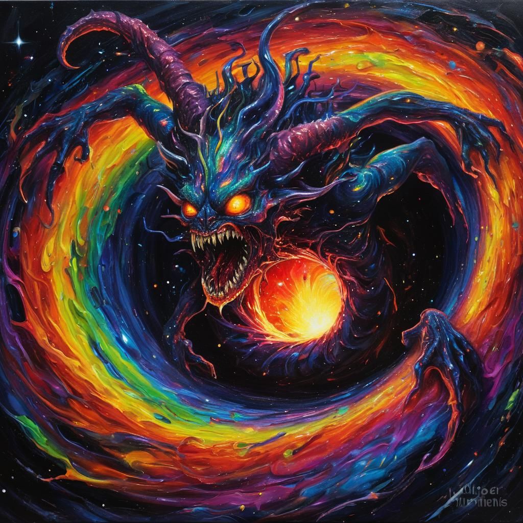 Cosmic Demon Emerges from Black Hole: Surreal Fantasy
