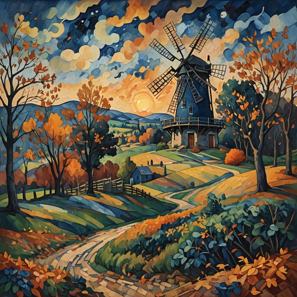 Windmill at Dusk in Impressionist Style