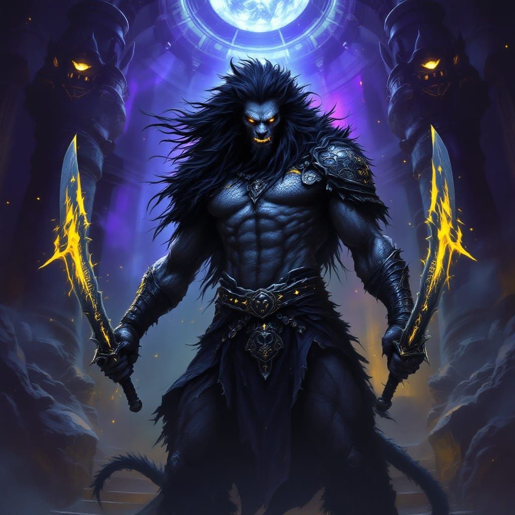 Dark Fantasy Shadow Lion Beastman Wields Swords Before Beast...