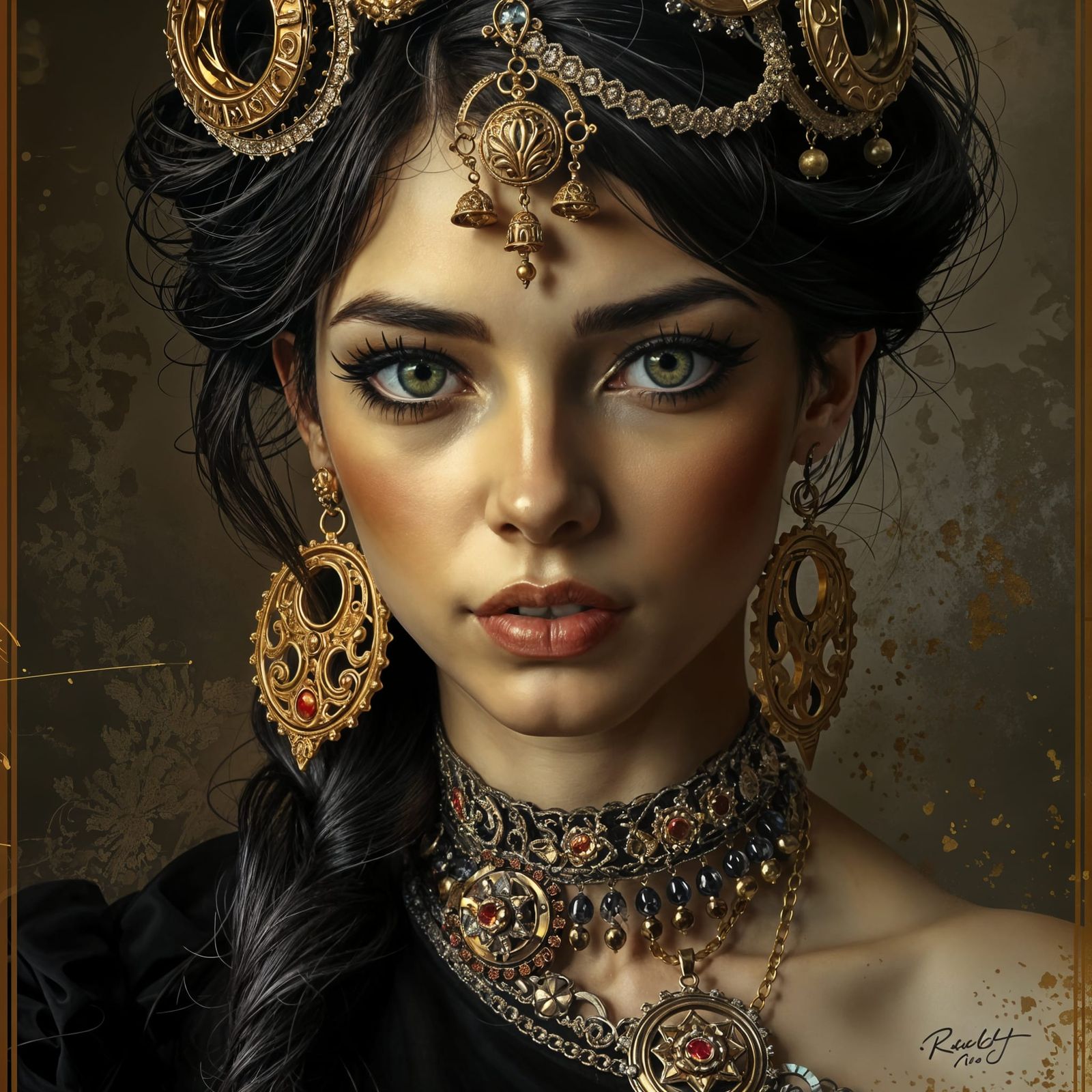 Elegant Sfumato Portrait with Golden Swirls