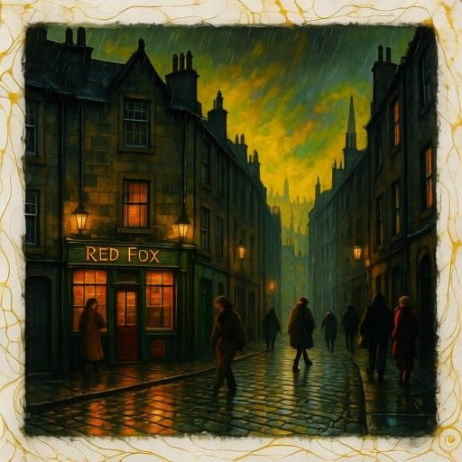 Old Edinburgh Street Scene with Cozy Pub in Romantic Goth St...