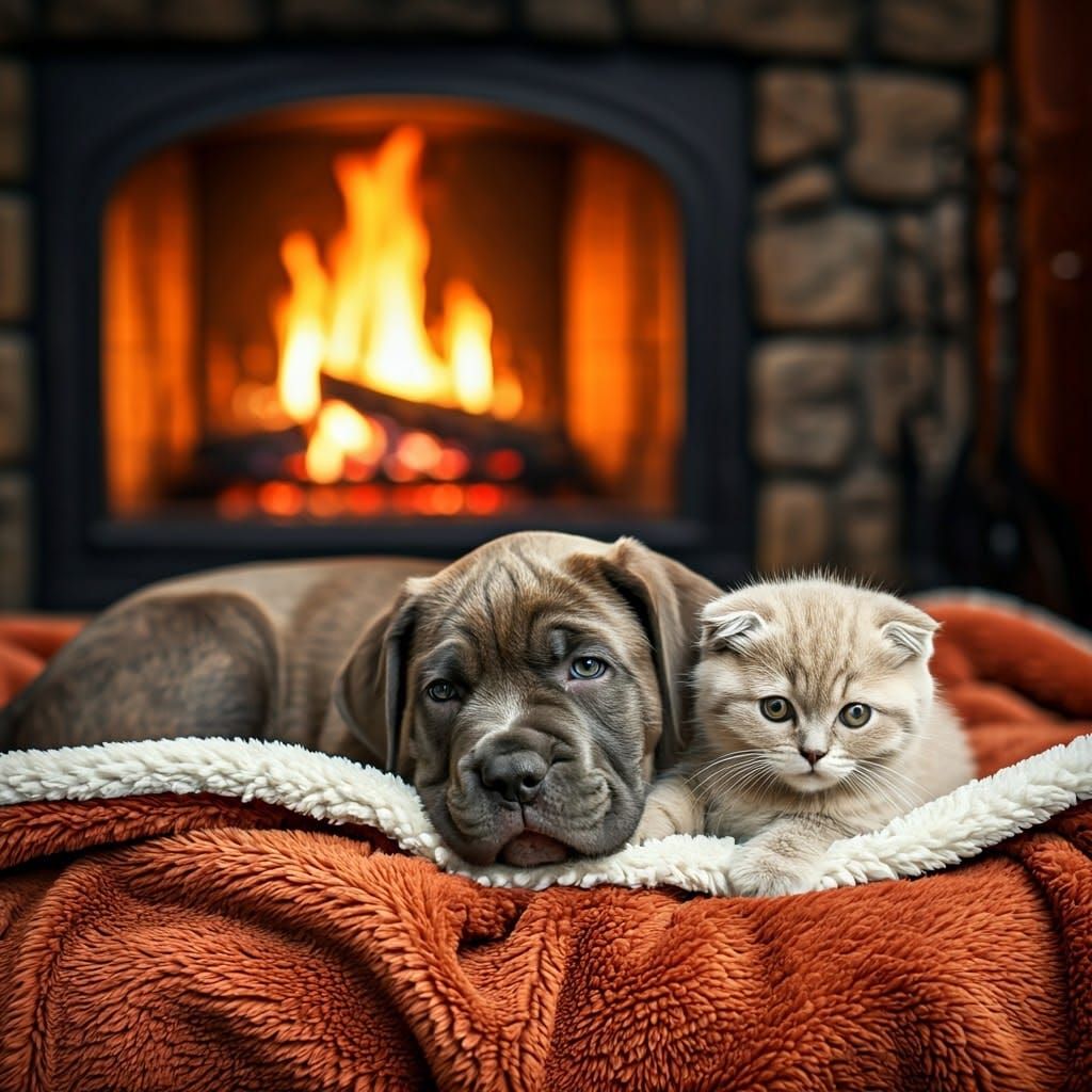 Intimate Winter Moment: Puppy and Kitten Snuggle on Plush Bl...