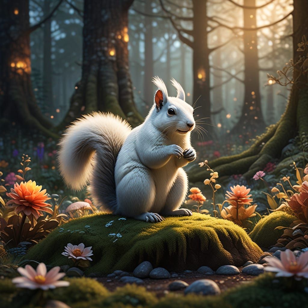 Fantasy Whimsy: Vibrant Floral Mandala with Squirrels and Ra...