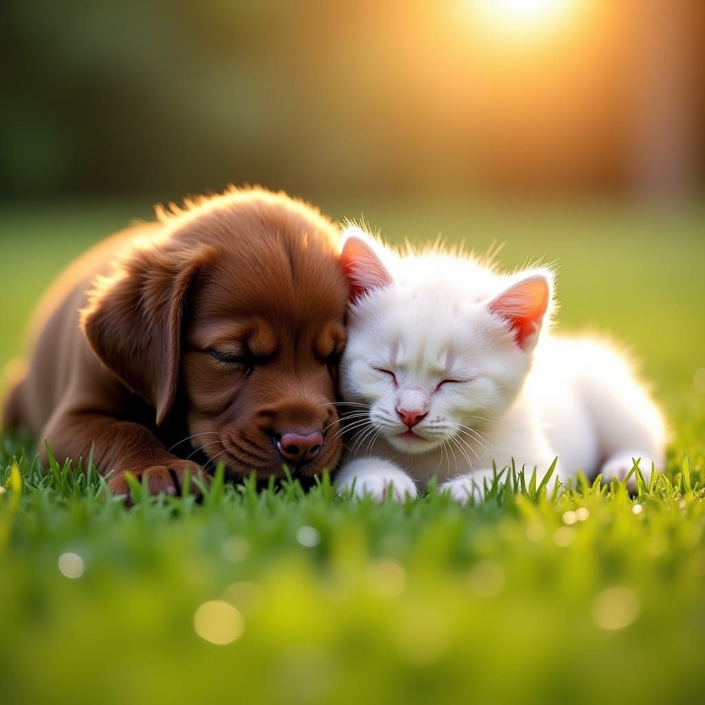 Sleeping Puppy and Kitten in Sunshine