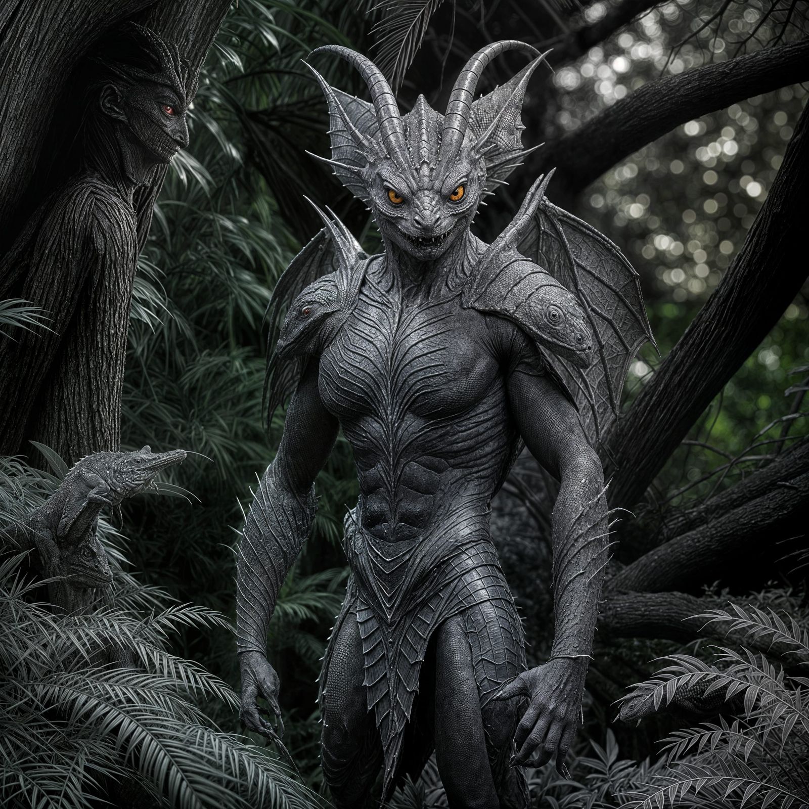 Scary Lizard-skinned Humanoid Creature in Dark Woods