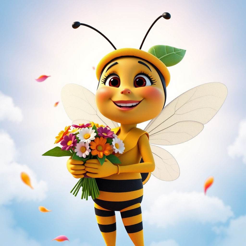 Vibrant Bee Girl Holds Colorful Flowers in Frontal Pose