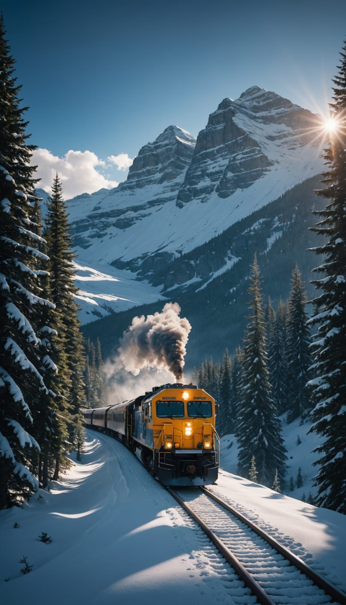 Train in Rockies Snowstorm with Sunlight, Pixar Style