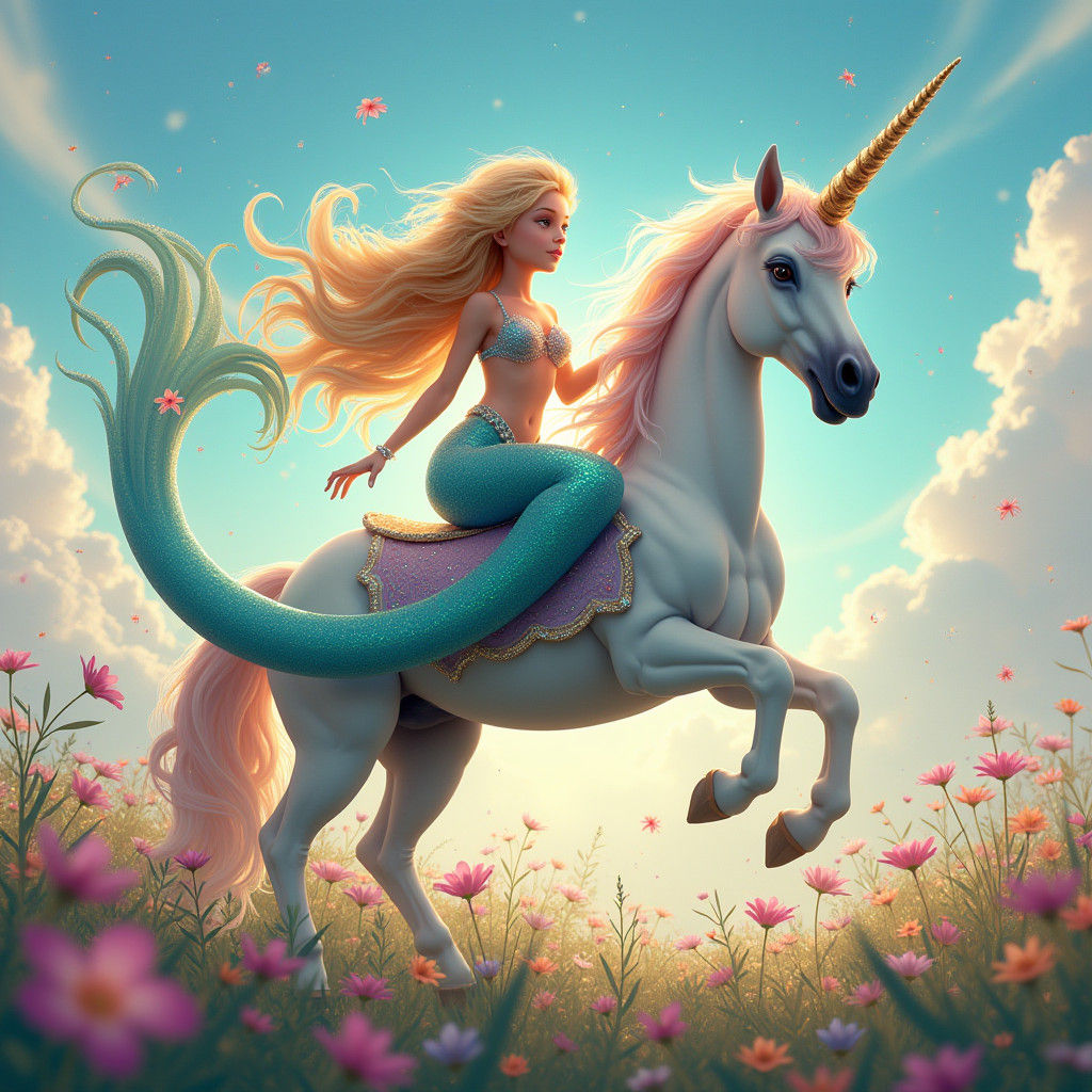Mermaid and Unicorn Meadow Ride: Art Nouveau Fantasy