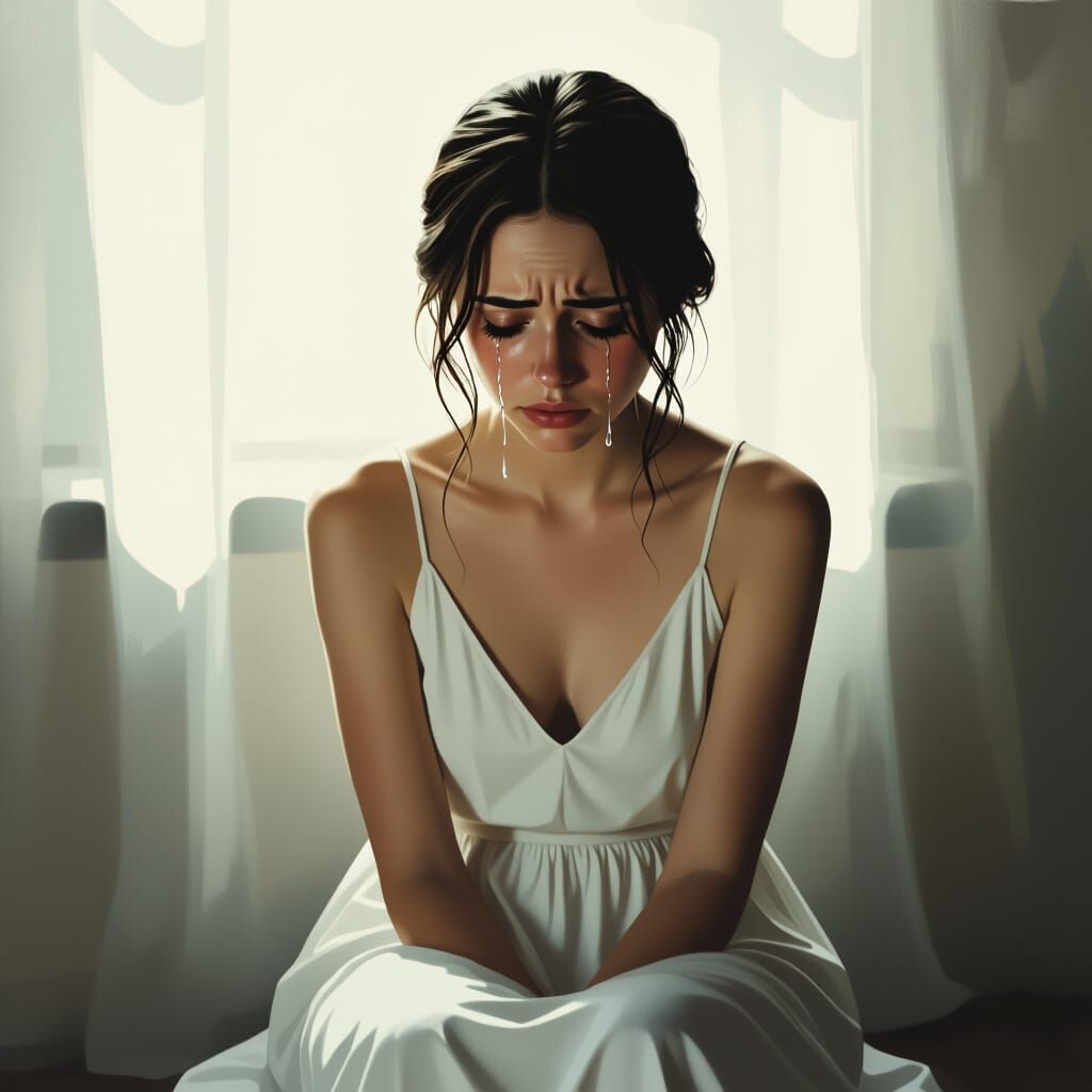 Melancholic Woman Crying in Dark Room