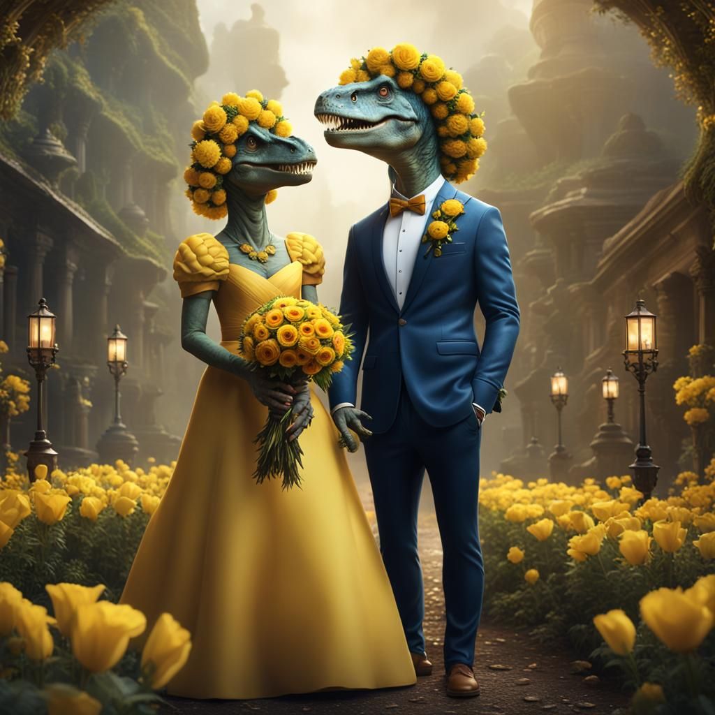 Dinosaur Wedding: Anthropomorphic Couple in Detailed Matte P...