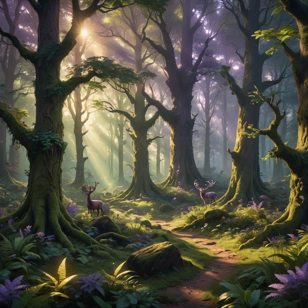 Magical Creatures in a Sunlit Forest Clearing