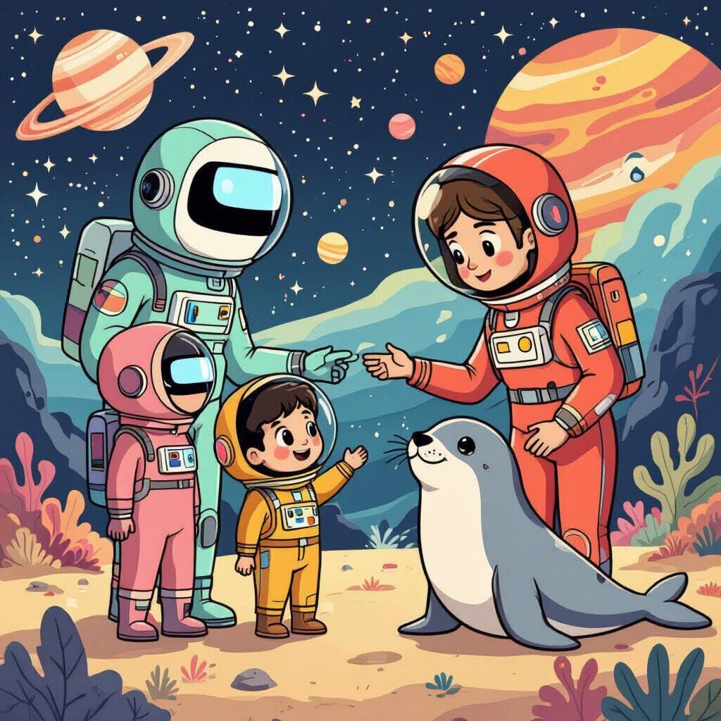 Among Us Family Meets Sealion: Cartoon Illustration