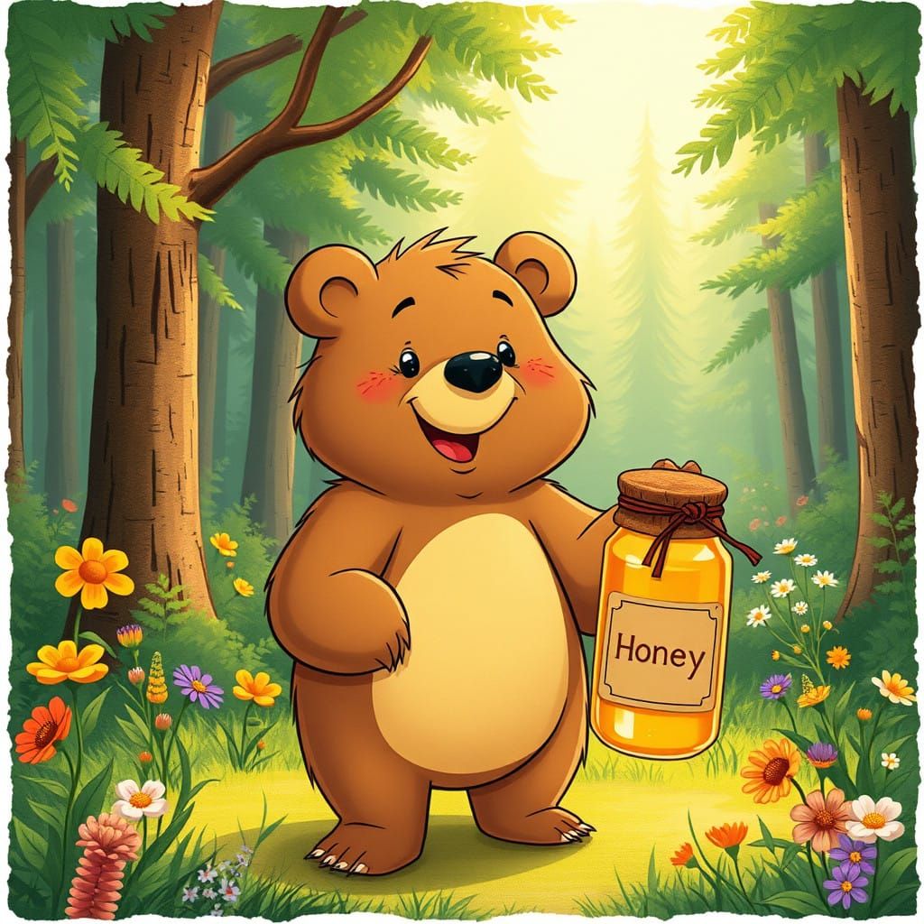 Friendly Bear Offers Honey in a Vintage Forest Scene