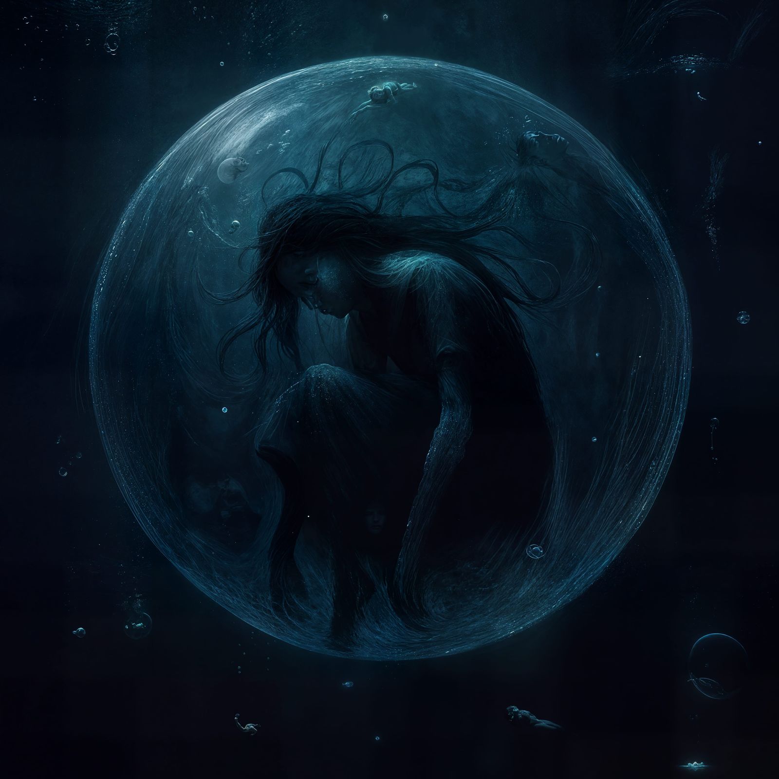 Drowned Woman in Water Bubble: Abstract Digital Art