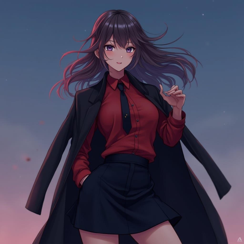 Confident Woman in Red and Black, Anime-Inspired 3D Art