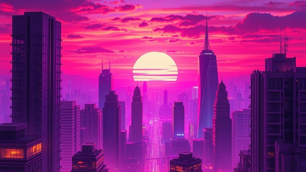 Ethereal Cityscape at Sunset in Cyberpunk Style