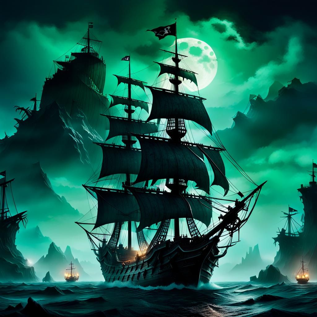 Pirate Ship Sails Misty Ocean in Fantasy Art