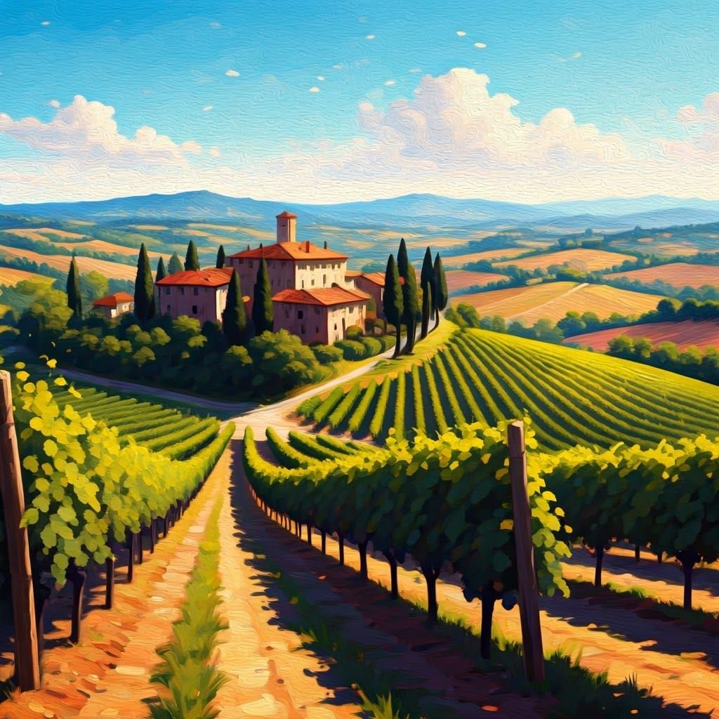 Tuscan Landscape with Verdant Grapevines and Village Archite...