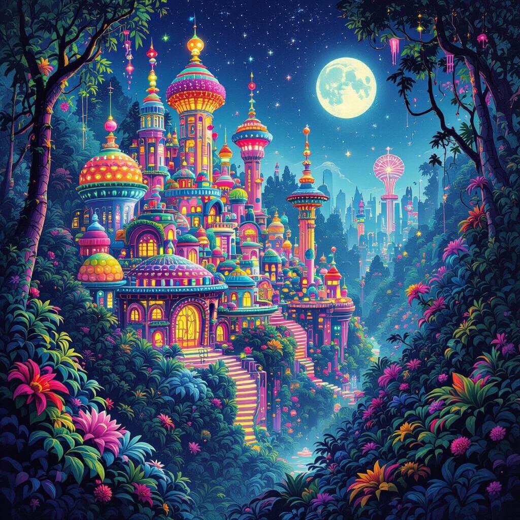 Whimsical Bioluminescent Alien City Made of Pom-Poms