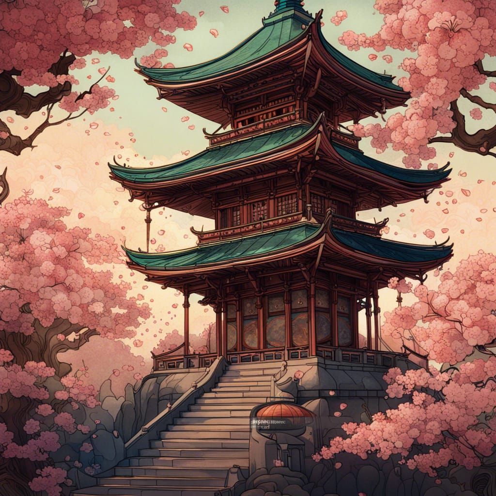Grand Japanese Pagoda in Art Nouveau Style