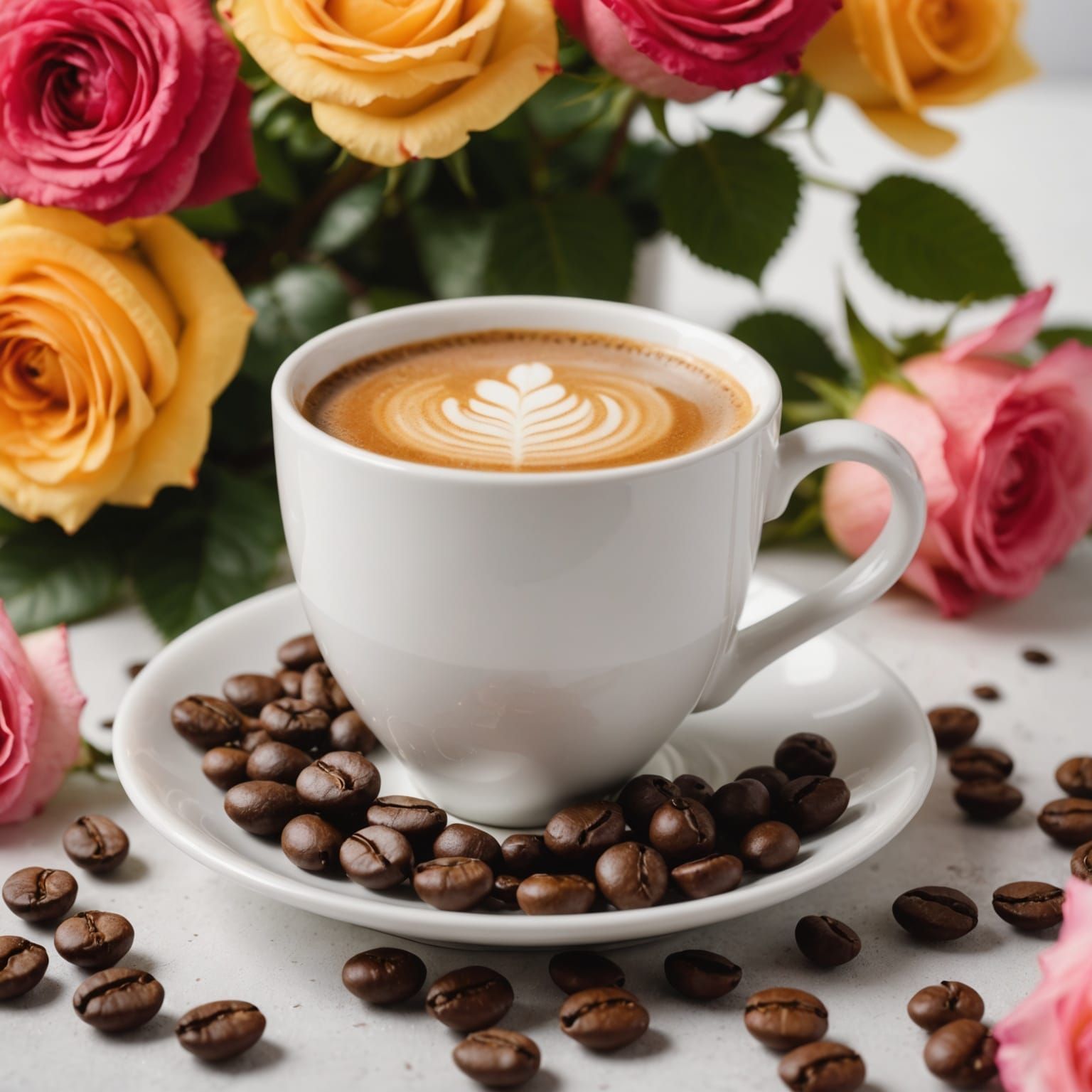 Fragrant Coffee with Roses on a Sunny Morning