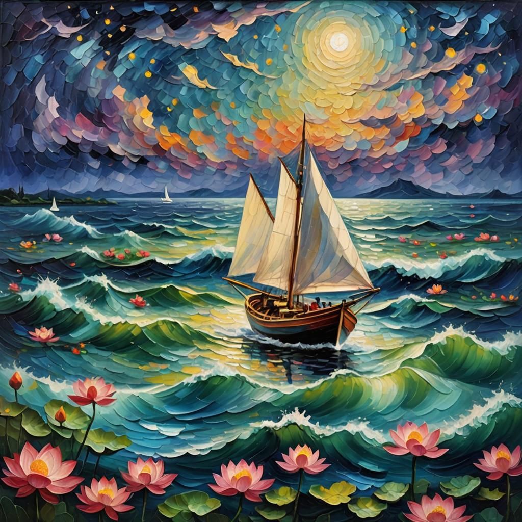 Ominous Starry Sky Over Serene Lake as Oil Painting