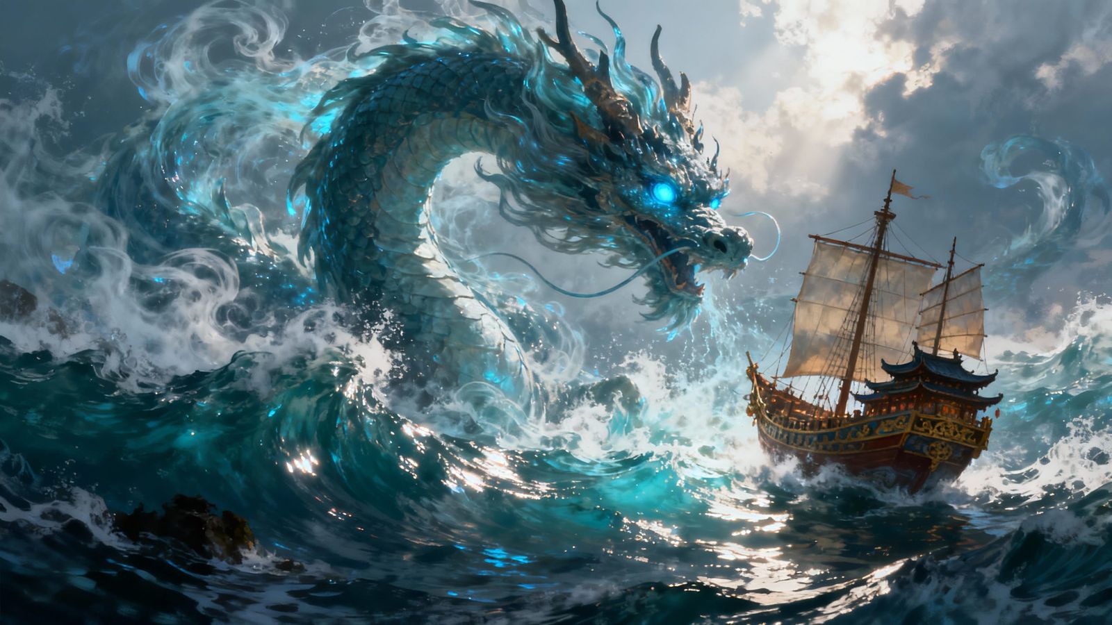 Water Dragon Attacks Asian Ship in Digital Painting