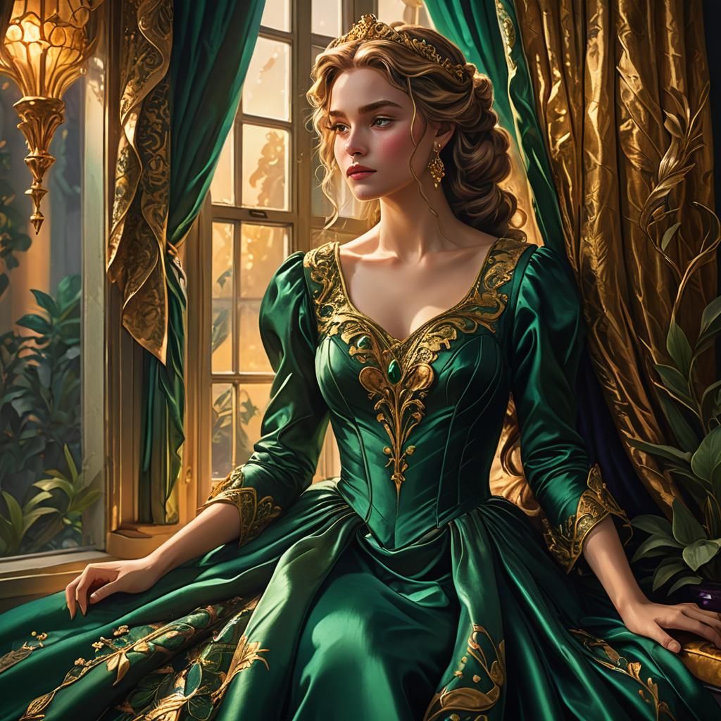 Glamorous Princess in Green Gown: Fantasy Art