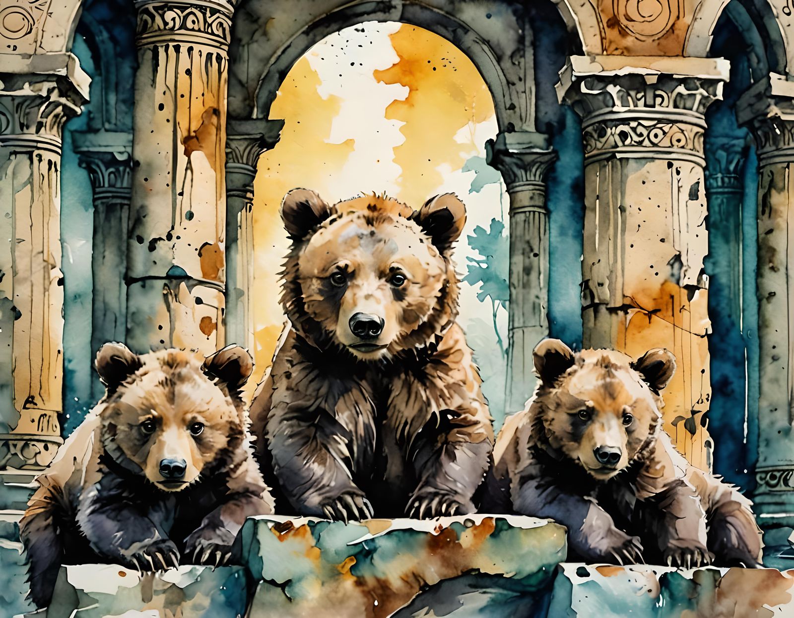 Bear Cubs Frolic Near Ancient Temple Ruins