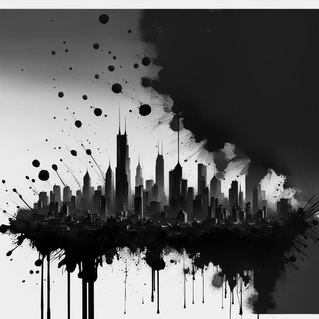 Ink Splatter Cityscape: Minimalist Landscape in Black Ink