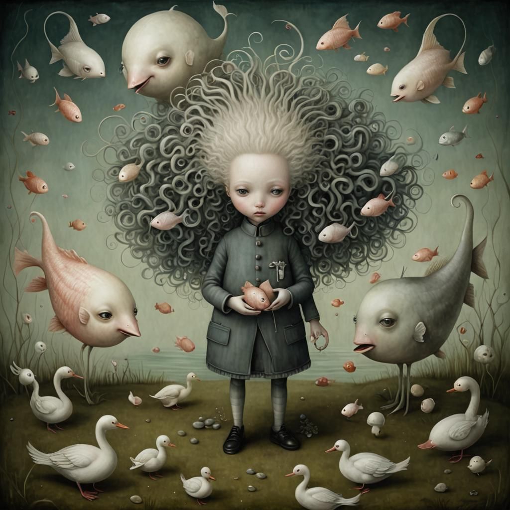 Whimsical Surreal Scene with Human-Fish Creatures in an Ambu...