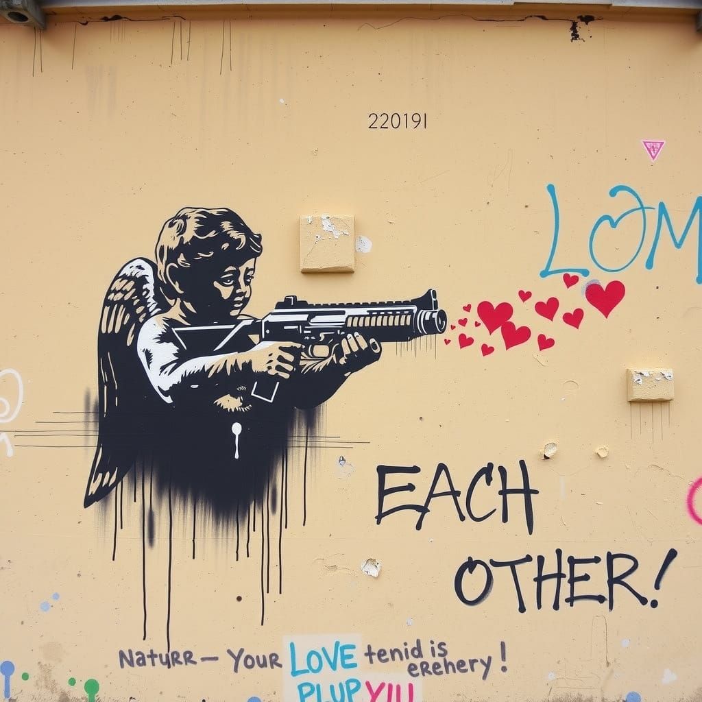 Winged Cherub Fires Hearts with Graffiti Gun in Bansky Style