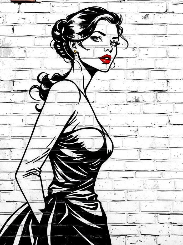 Elegant Woman Graffiti Art on Brick Wall