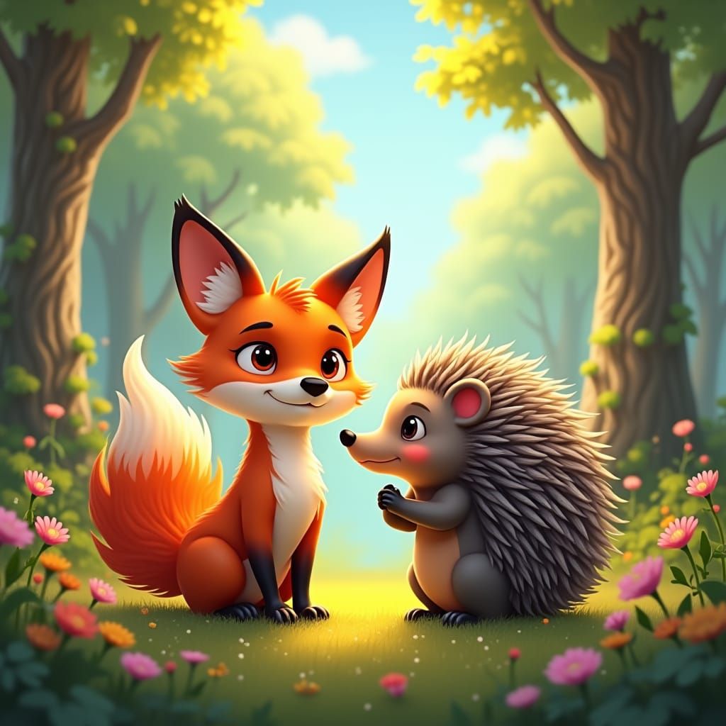 Cartoon Fox and Porcupine in Sun-Dappled Forest