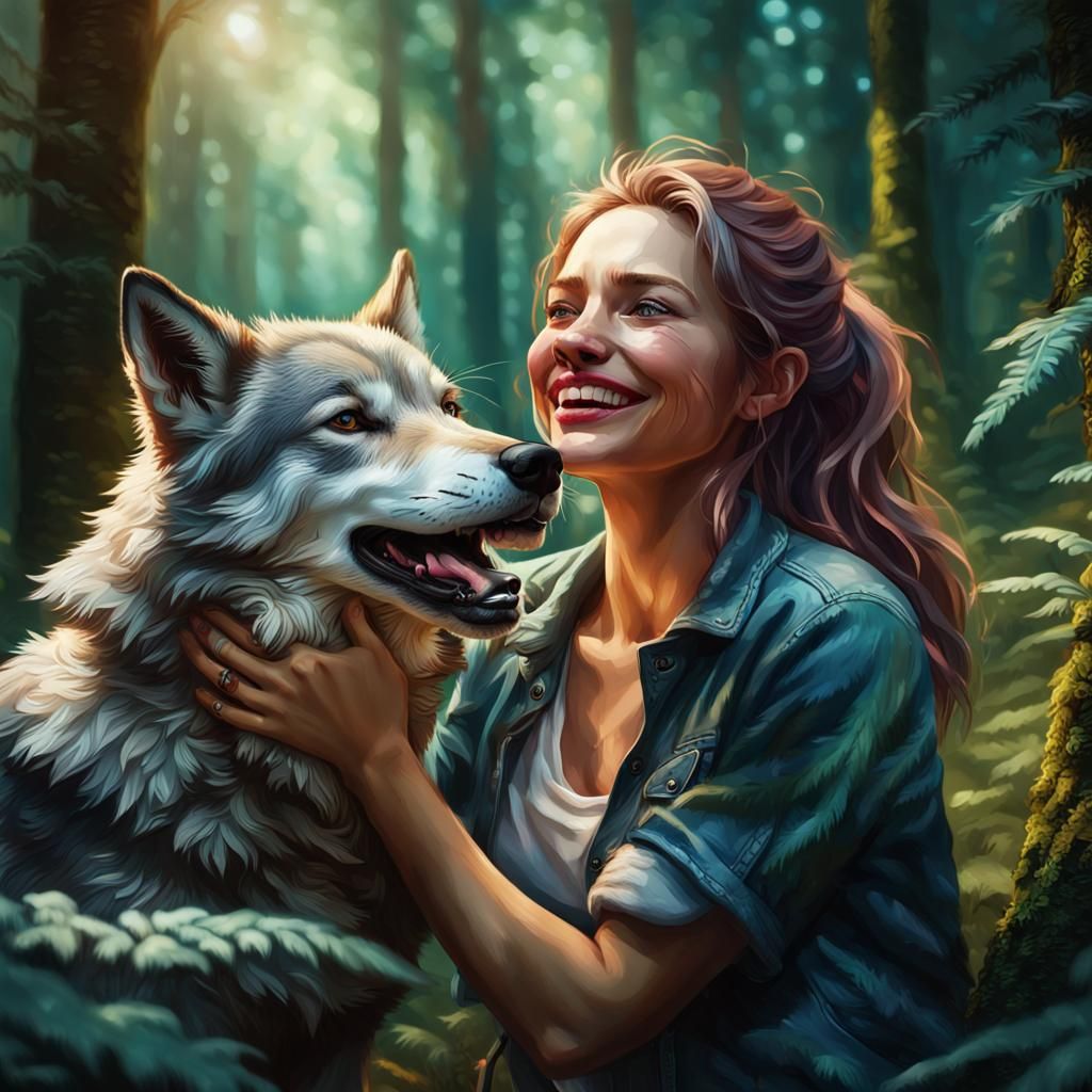 Woman and Wolf Pup in Hyperrealistic Splash Art