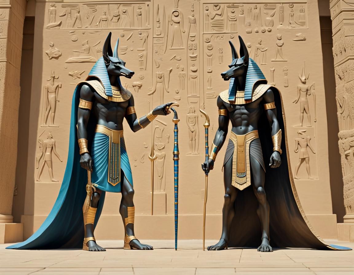 Wizard Summons Sky with Anubis Statues in Steampunk Style