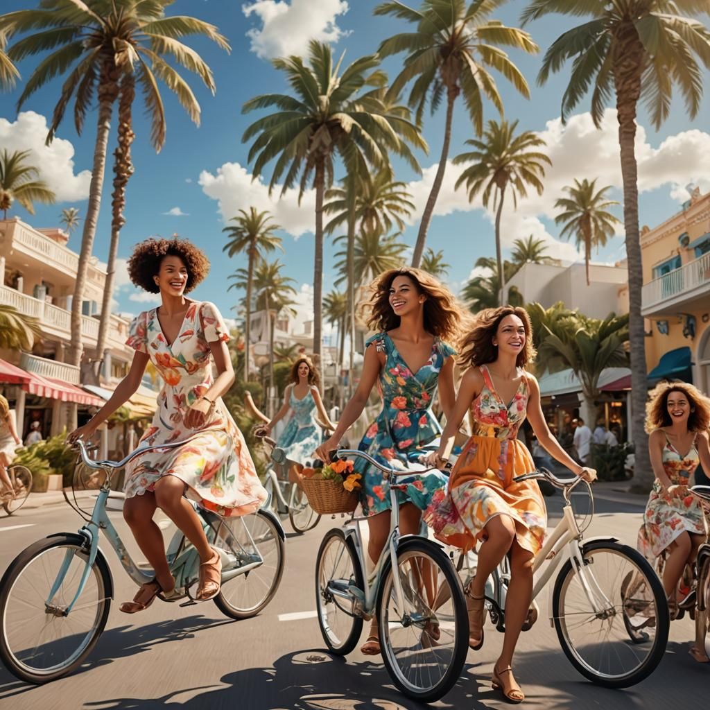 Coastal Shopping Area with Women in Summer Dresses