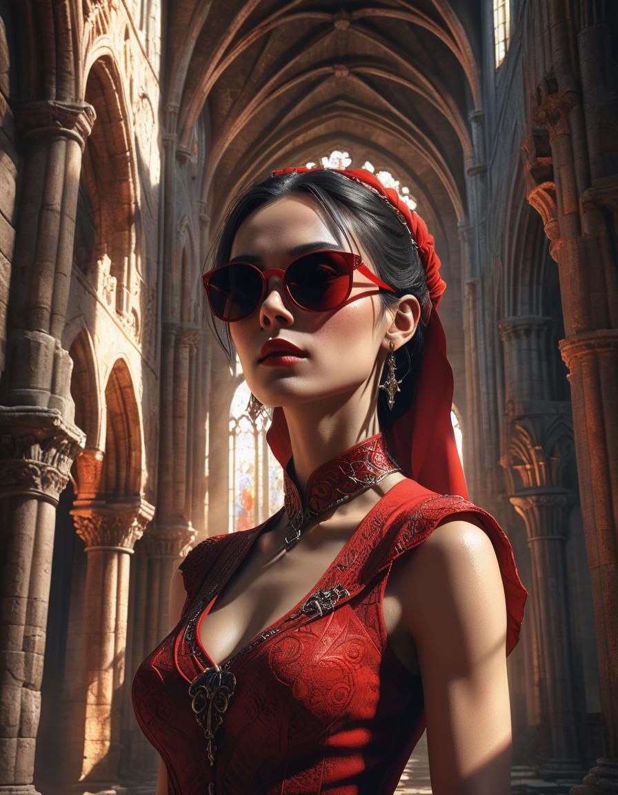 Gothic Woman in Ancient Cathedral, Dark Fantasy Portrait