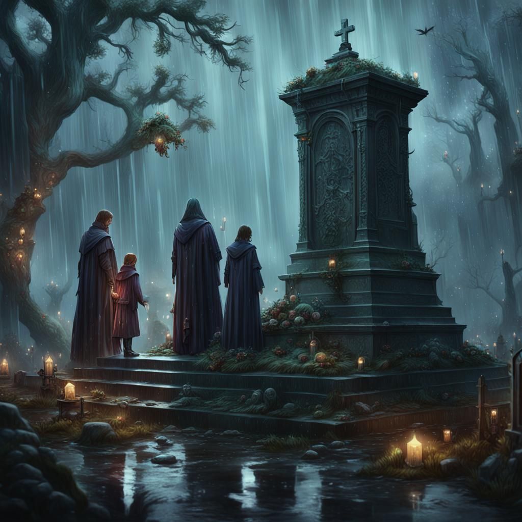 Family Grieving in Rain: Detailed Matte Painting