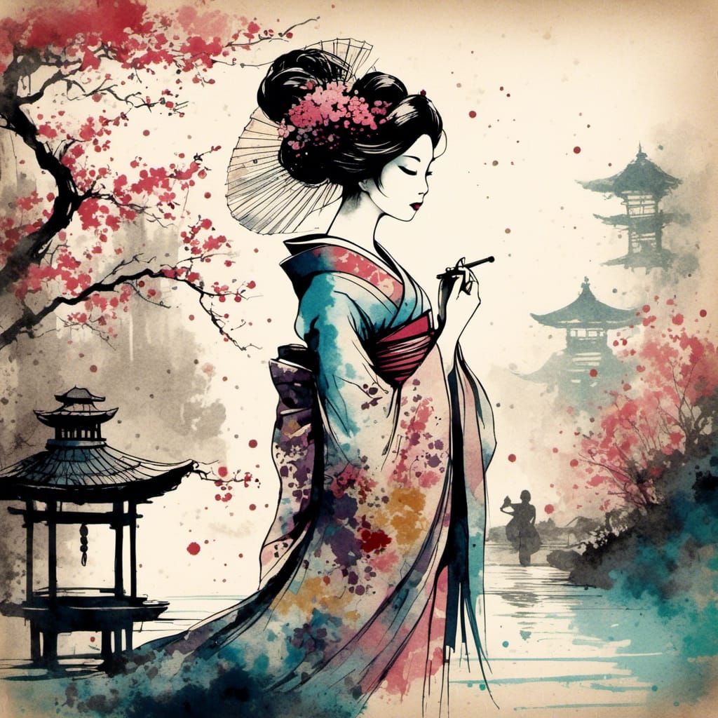 Enchanting Geisha Silhouette in Whimsical Style