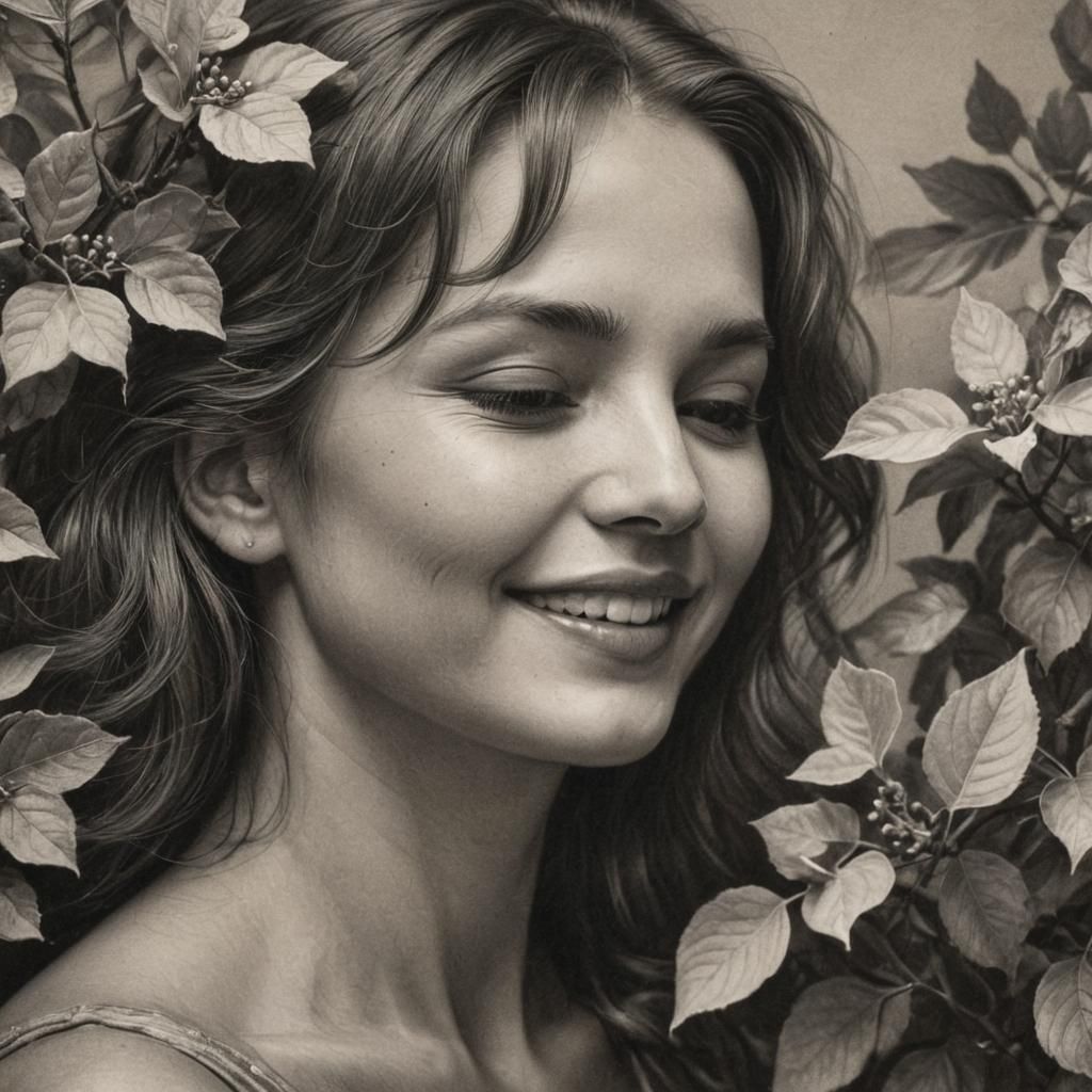 Woman Kissing Viburnum in Charcoal Drawing