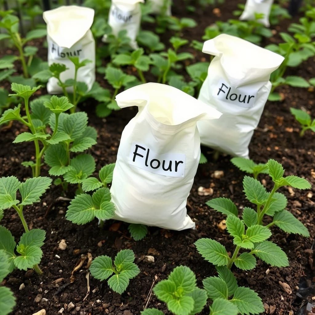 A garden with plants that have bags of flour growing out of ...