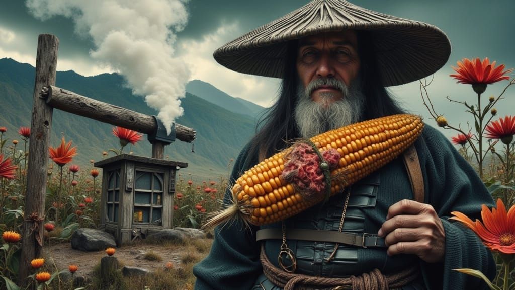 Samurai Buzz Lightyear, Smoking a Corn, Rural Town in Japan,